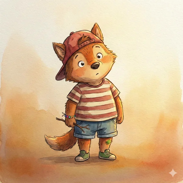 A young fox character — backwards red cap, striped shirt, denim shorts, green sneakers — painted in watercolour.